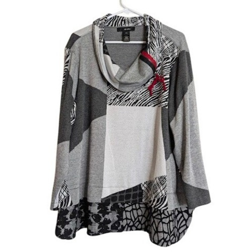 Ali Miles Womens Colorblock Mixed Print Sweater Size 2X Gray Lagenlook Artsy Top